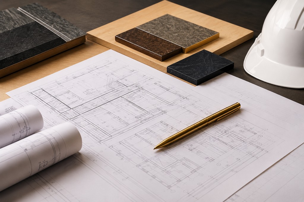 مخططات هندسية ومواد تشطيب في مكتب المنارة الذهبية