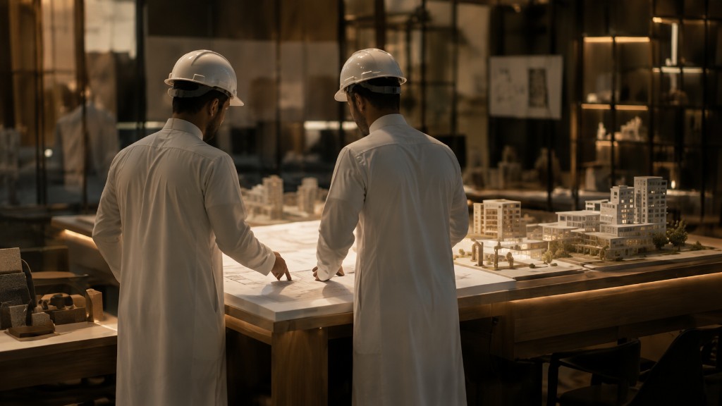 مهندسون يراجعون نماذج معمارية ومخططات هندسية